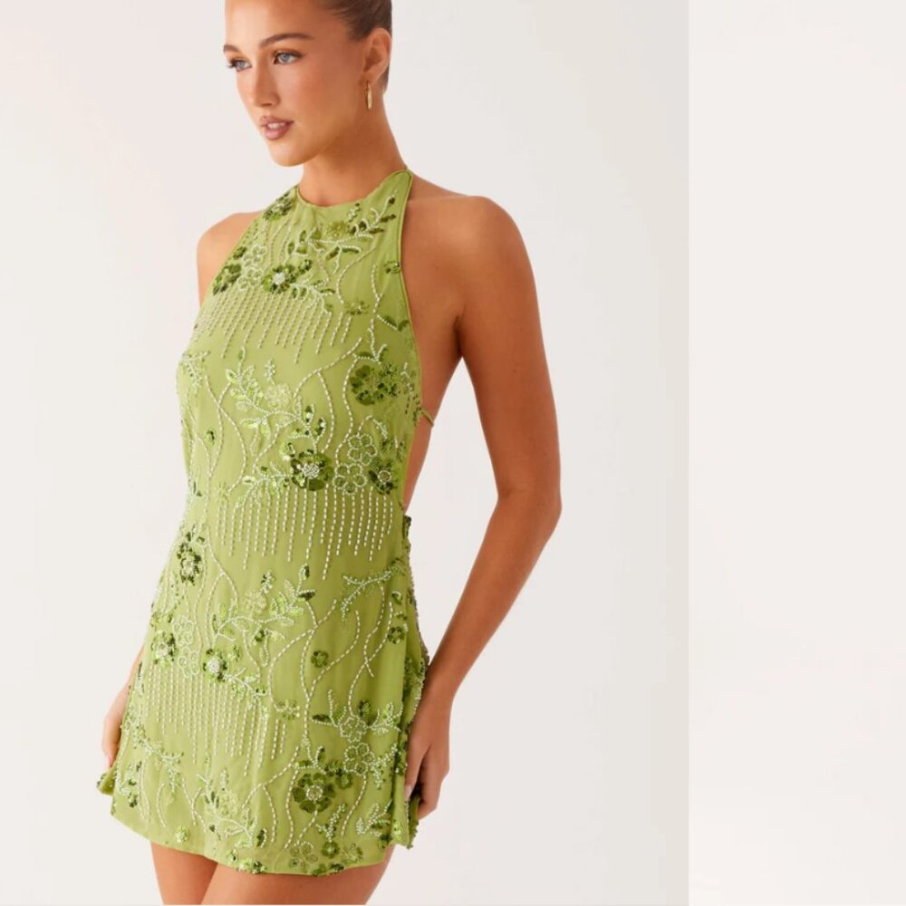 Peppermayo Lime Green Beaded Mini Halter Dress
